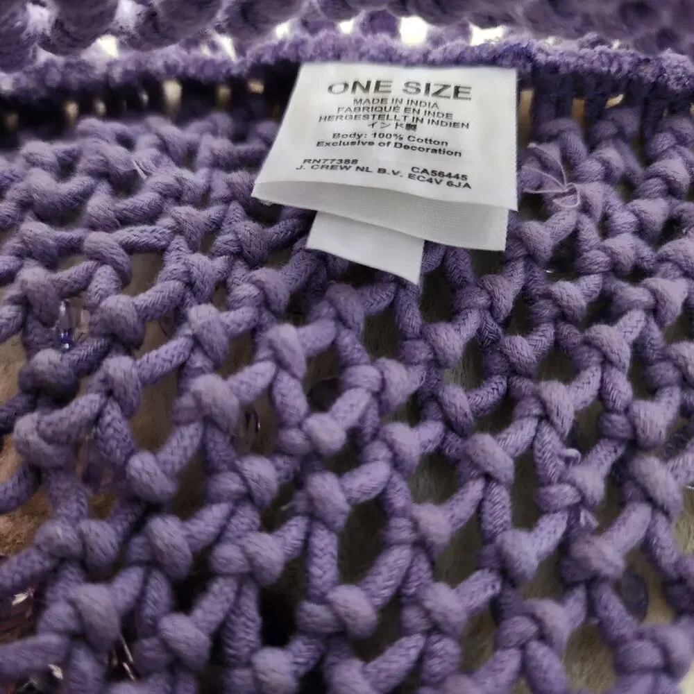 J.Crew Purple Knitted Crochet Pouch Bag Beaded Strap Drawstring - New BY236